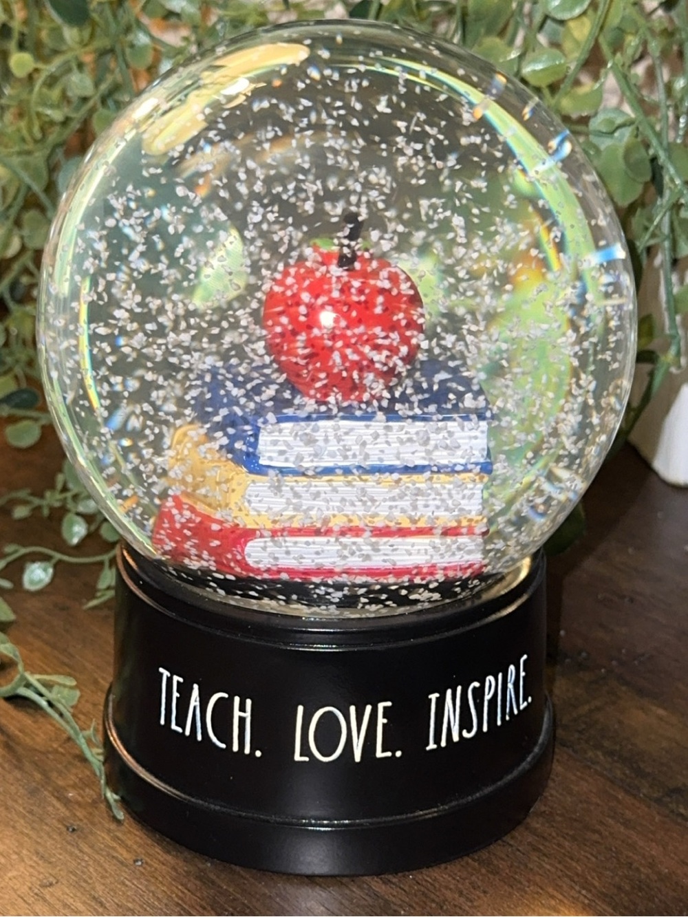 Rae Dunn Teach Love Inspire 7” Snowglobe School Books/Red Apple Black Base